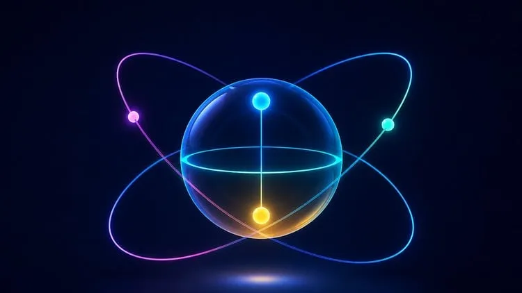 Quantum Computing Crash Course thumbnail: a Bloch sphere inside intersecting orbits