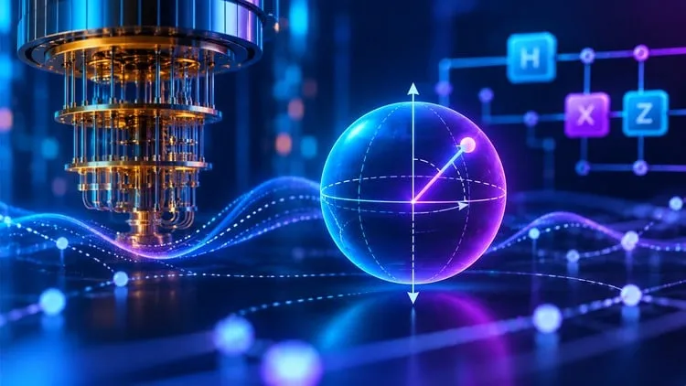 Quantum Computing in Malayalam course thumbnail: a Bloch sphere beside a dilution refrigerator and quantum gate circuit