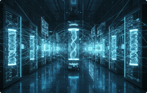 Futuristic data center corridor representing sovereign quantum infrastructure