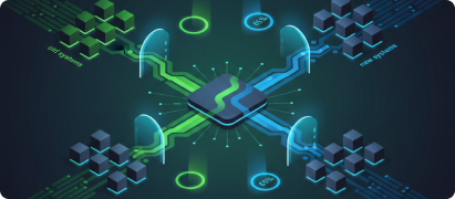 Isometric illustration of a migration orchestration network